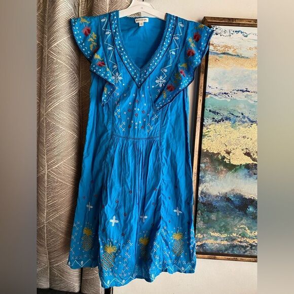 Monsoon Prue Embroidered Mini Dress  Blue Lined 100% Cotton Ruffle Sz Small - Picture 7 of 15